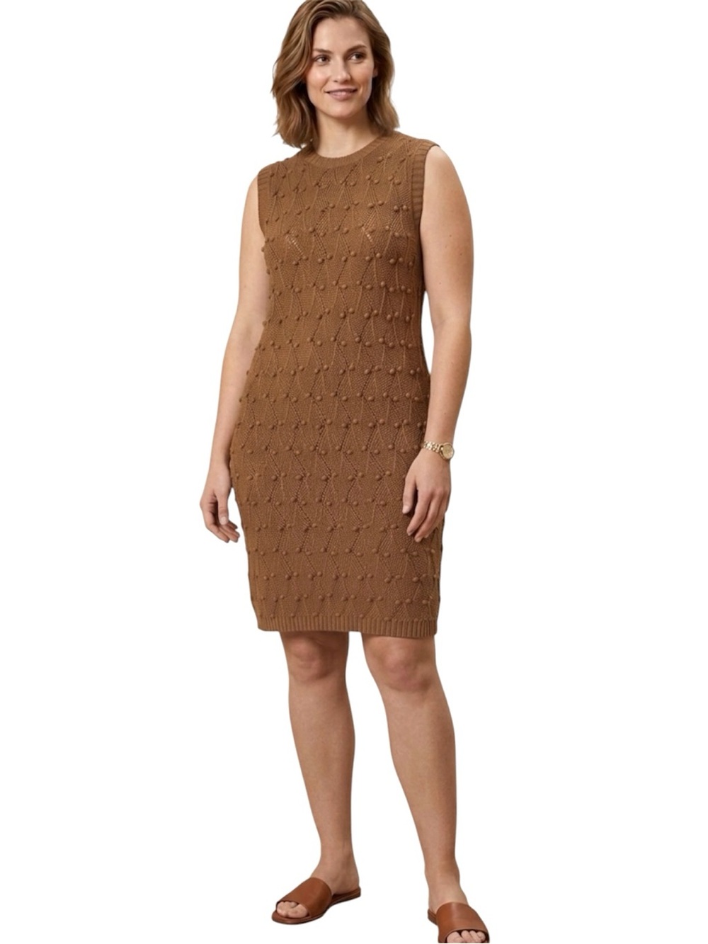 Max Mara Studio Brown Textured Cable Pointelle Knit Sleeveless Dress Size XL